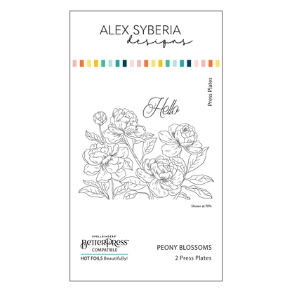 Product packaging for Alex Syberia Designs peony blossoms press plates with floral illustration and brand name.