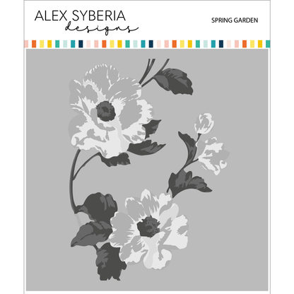 Floral design by Alex Syberia on a gray background with colorful stripes at the top.