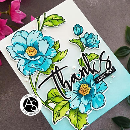Card with blue flowers and 'Thanks Love You' text on a gray background