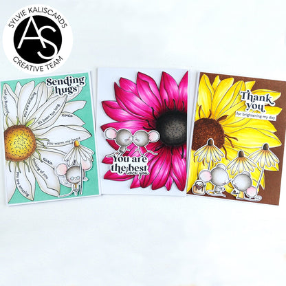 Three floral cards with cute animal illustrations on a white background, featuring text like 'Sending hugs' and 'You are the best'.