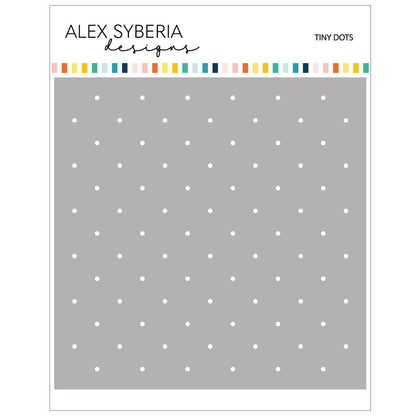 Sheet of paper with white polka dots on a gray background, branded 'Alex Syberia Designs'.