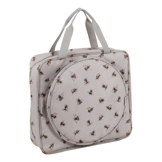Bee Craft Bag with Embroidery Hoop Storage, closed, showing bee print and zipped compartments