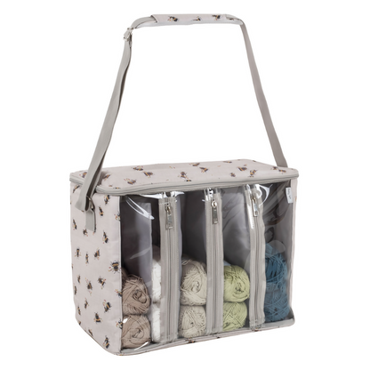 Bee Knitting Bag with Yarn Storage, closed, showing bee design and shoulder strap