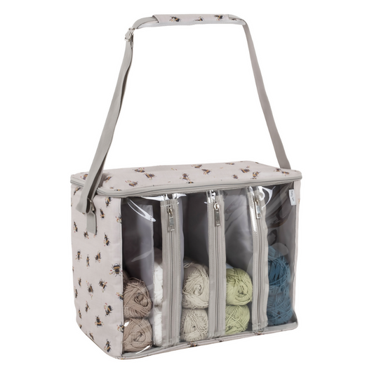 Bee Knitting Bag with Yarn Storage, closed, showing bee design and shoulder strap
