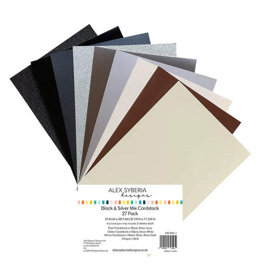 Assorted black, silver, and brown cardstock sheets with 'Alex Syberia' branding on a white background.