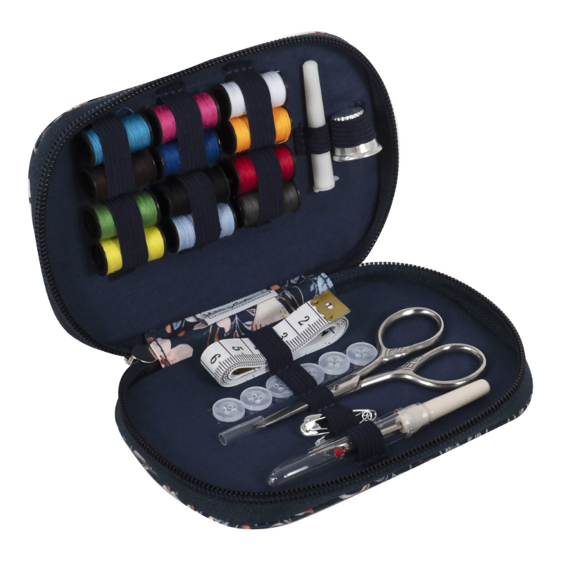 Blossom Birds Sewing Kit Zip Case, open, revealing included scissors, thread, and other sewing tools