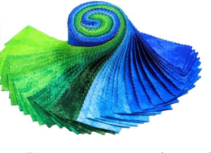 Roll of green and blue fabric swatches