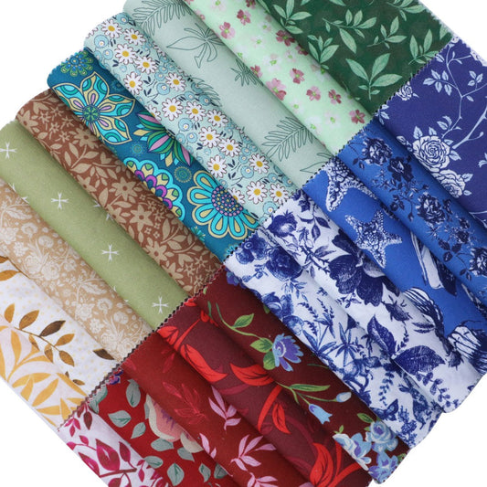 Collection of fabric swatches with various patterns and colors.