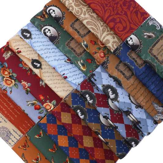 Collection of patterned fabric swatches in various colors and designs.