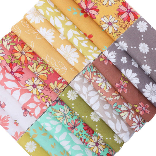 Collection of colorful floral fabric swatches arranged in a patchwork pattern.