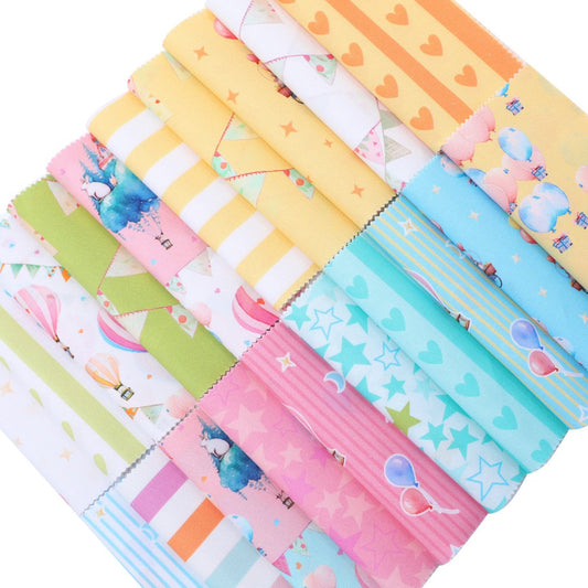 Set of colorful fabric swatches with various patterns on a white background