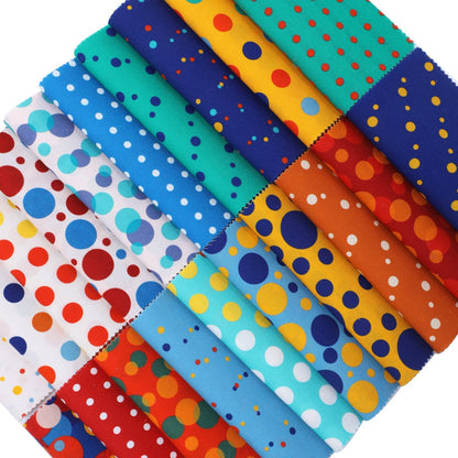 Collection of colorful polka dot fabric swatches arranged in a grid.