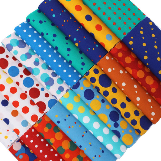 Collection of colorful polka dot fabric swatches arranged in a grid.