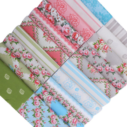 Collection of floral and striped fabric swatches in various colors.