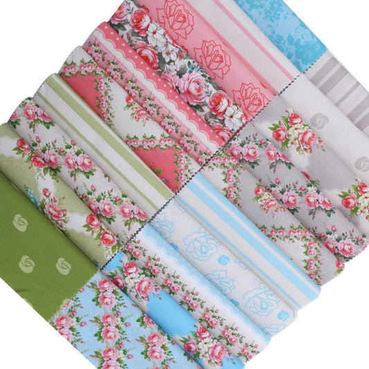 Collection of floral and striped fabric swatches in various colors.