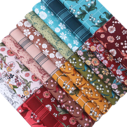 Collection of colorful fabric swatches with various patterns on a white background