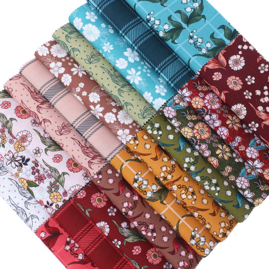 Collection of colorful fabric swatches with various patterns on a white background