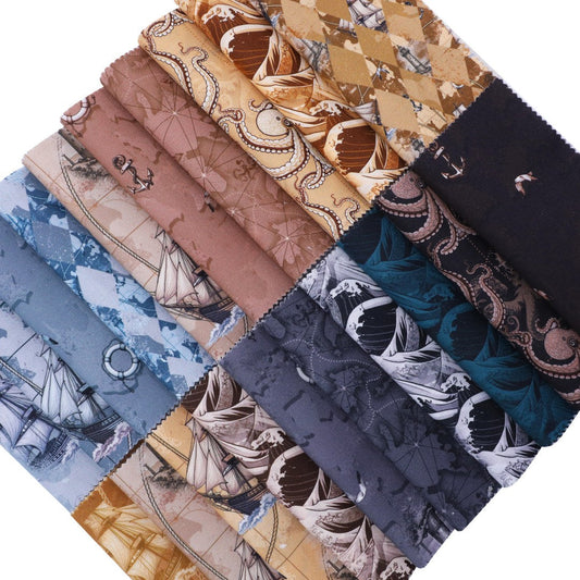 Collection of fabric swatches with various patterns on a white background