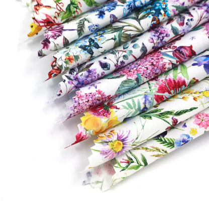 Set of floral fabric swatches in various colors on a white background