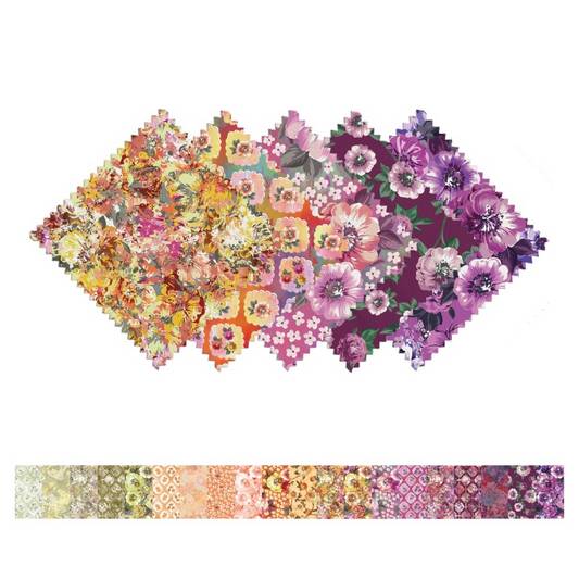 Colorful floral patterned paper with a color swatch below on a white background