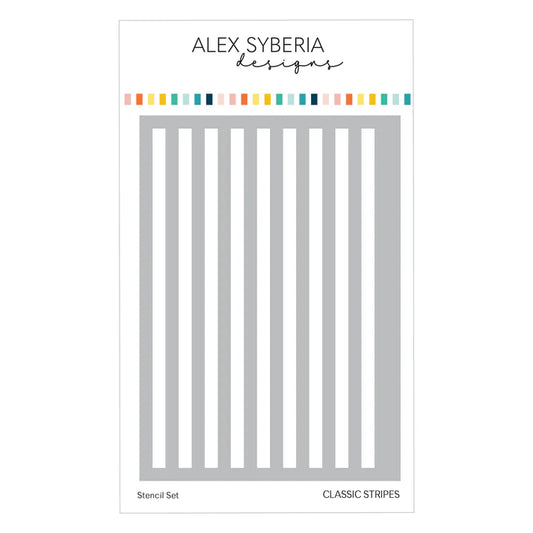 Stencil set with 'Classic Stripes' design on a white background, featuring the brand 'Alex Syberia Designs'.