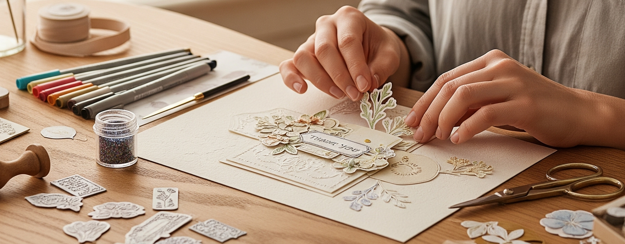 Person crafting with paper and scissors on a wooden table