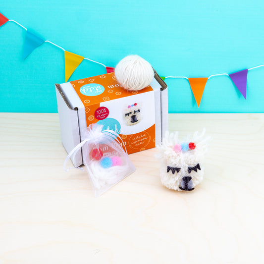 Knitting kit with yarn and a small knitted item on a light blue background with colorful flags.