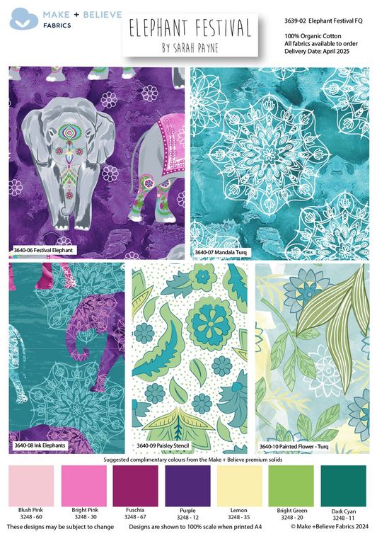 Collection of fabric swatches with elephant and floral patterns, featuring colors like purple, teal, and green.