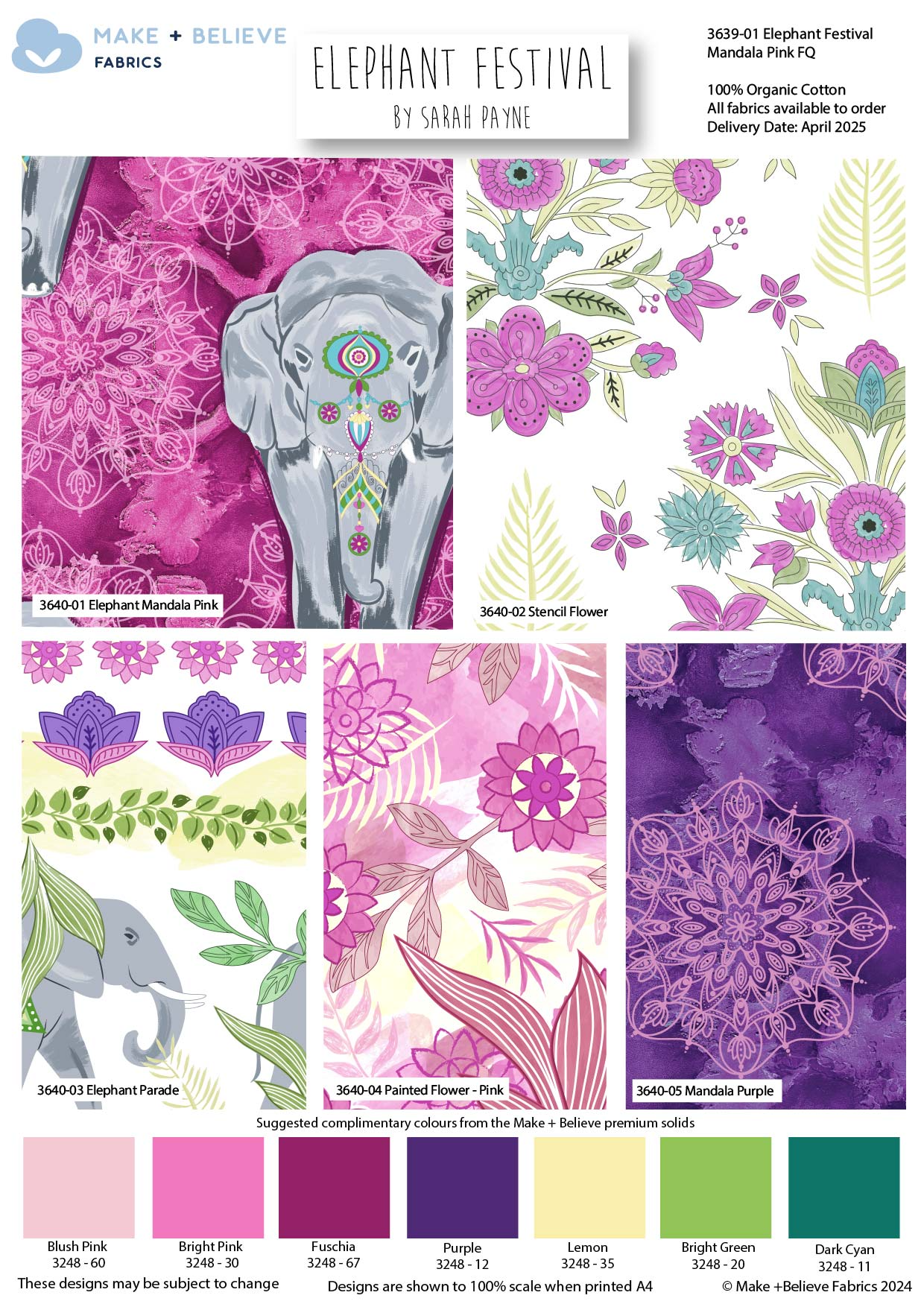 Collection of fabric patterns with elephants and floral designs, featuring a color swatch and brand name 'Make Believe Fabrics'.