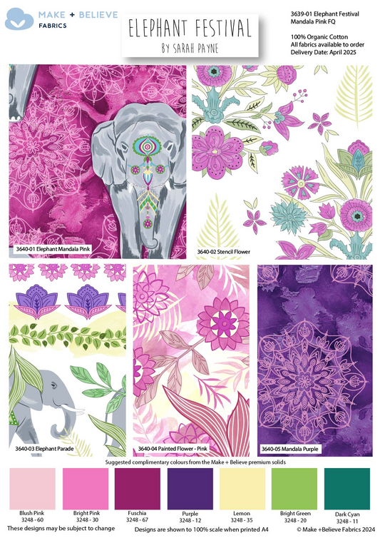 Collection of fabric patterns with elephants and floral designs, featuring a color swatch and brand name 'Make Believe Fabrics'.
