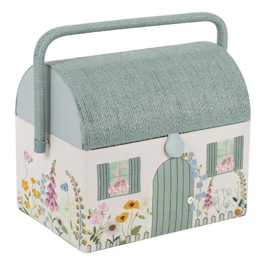 Embroidered Country Cottage Sewing Box, closed, showing wicker roof, handle, and floral embroidery