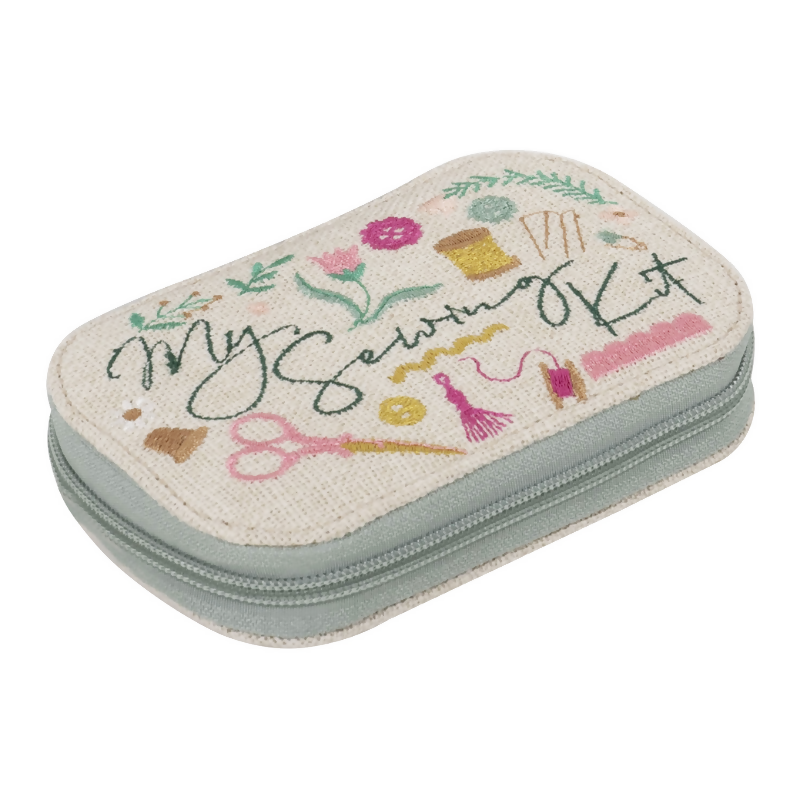 Embroidered Sewing Kit Zip Case, closed, showing embroidered design on fabric