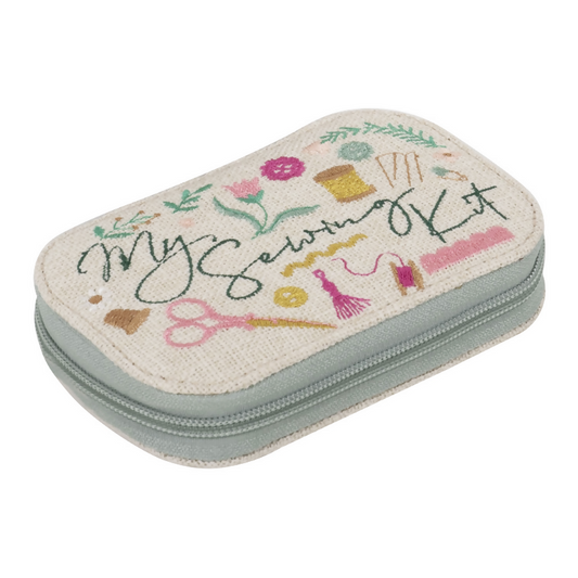 Embroidered Sewing Kit Zip Case, closed, showing embroidered design on fabric
