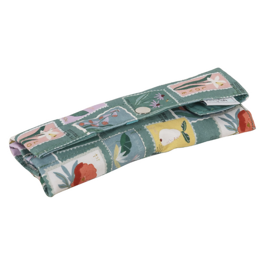 Embroidered Stamps Crochet Wrap Case, closed with popper fastening showing stamp print