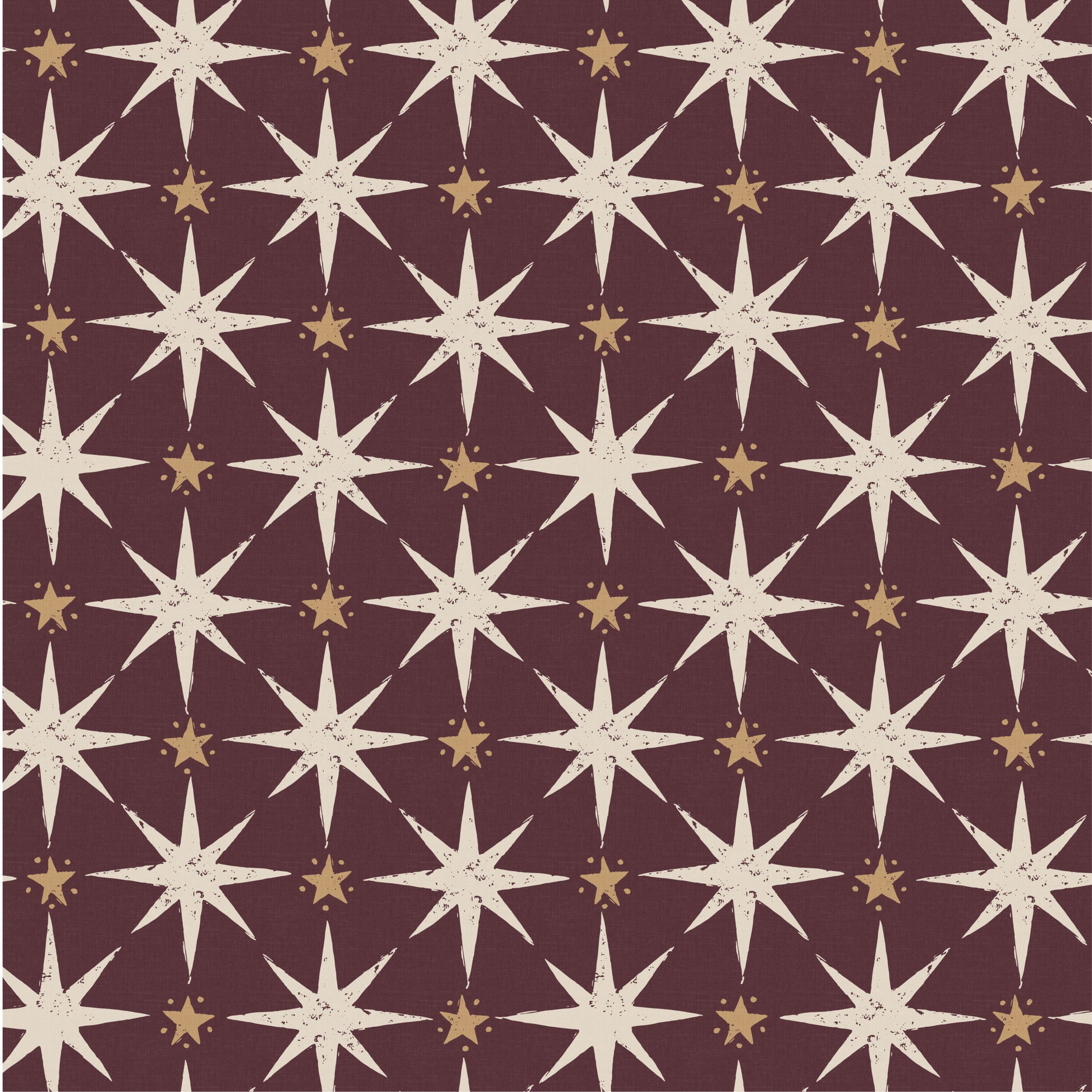 Pattern of white stars and small gold stars on a dark red background
