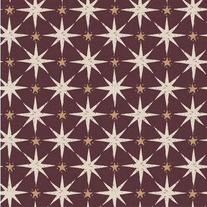 Pattern of white stars and small gold stars on a dark red background
