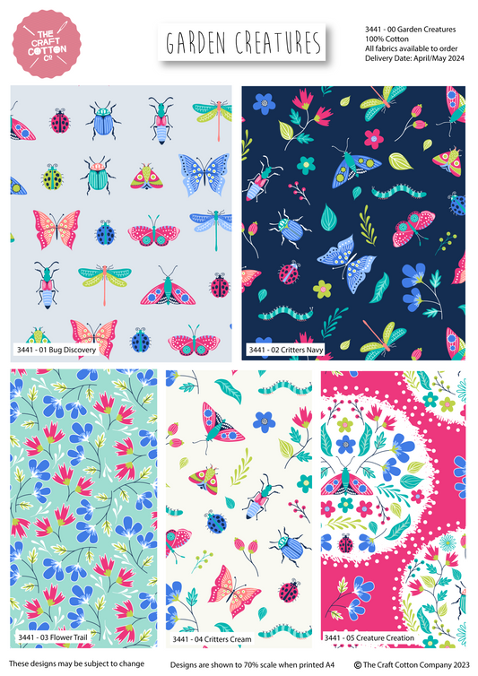 Collection of colorful garden-themed fabric patterns with 'The Craft Cotton Company' branding.