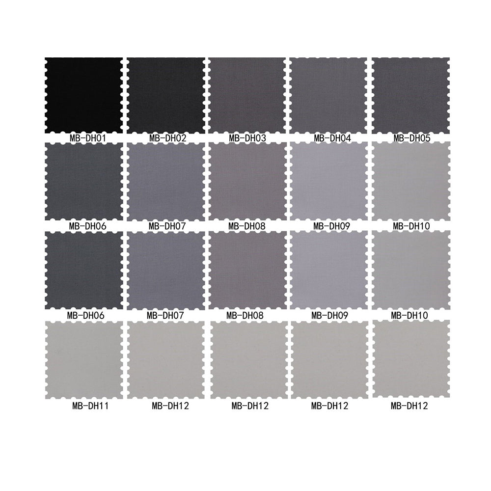 Grid of black and gray color swatches labeled MB-DH01 to MB-DH12 on a white background.