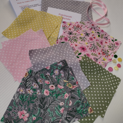 Collection of fabric samples with floral and polka dot patterns on a white background