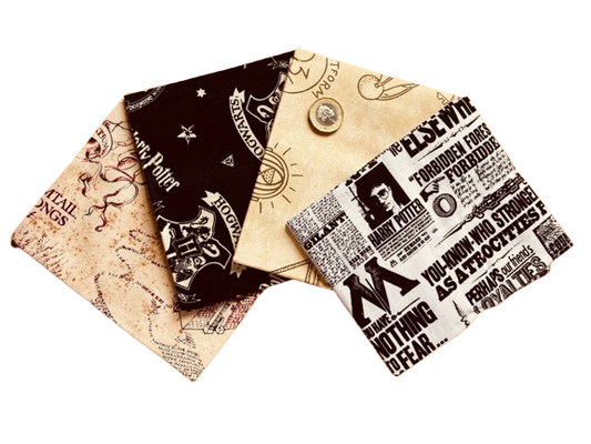 Set of three fabric swatches with Harry Potter-themed designs on a white background