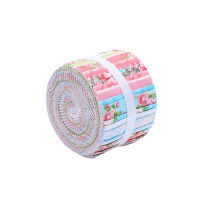 Roll of fabric with colorful patterns on a white background