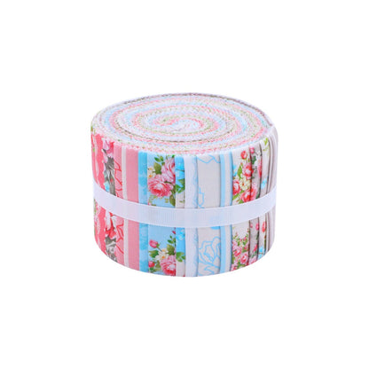 Roll of fabric with floral and striped patterns on a white background