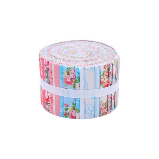 Roll of fabric with floral and striped patterns on a white background