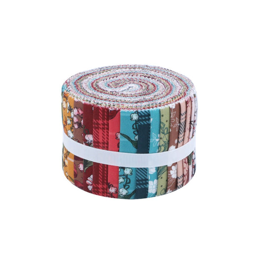 Roll of colorful fabric strips with a white band on a white background