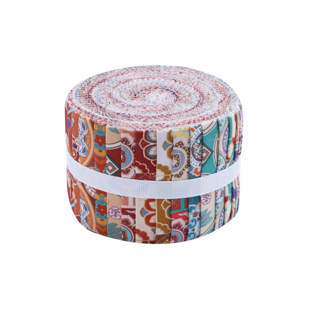Roll of fabric with a colorful pattern on a white background
