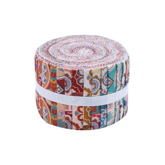 Roll of fabric with a colorful pattern on a white background