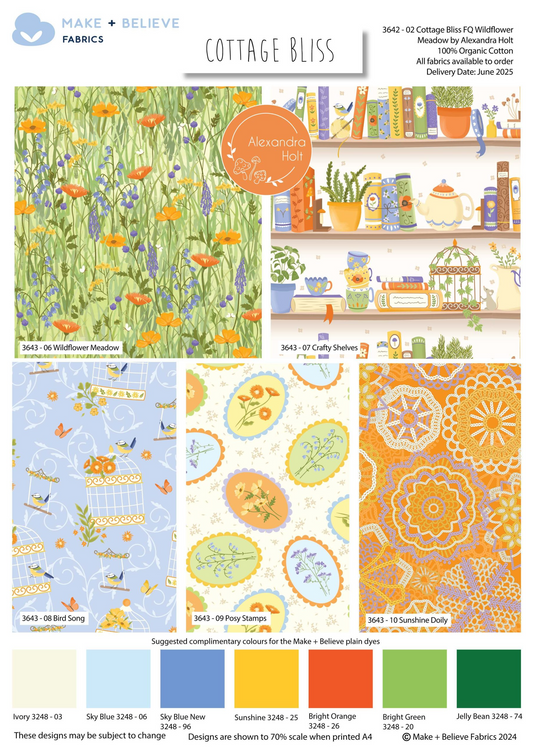 Cottage Bliss fabric collection with various patterns and a color palette.