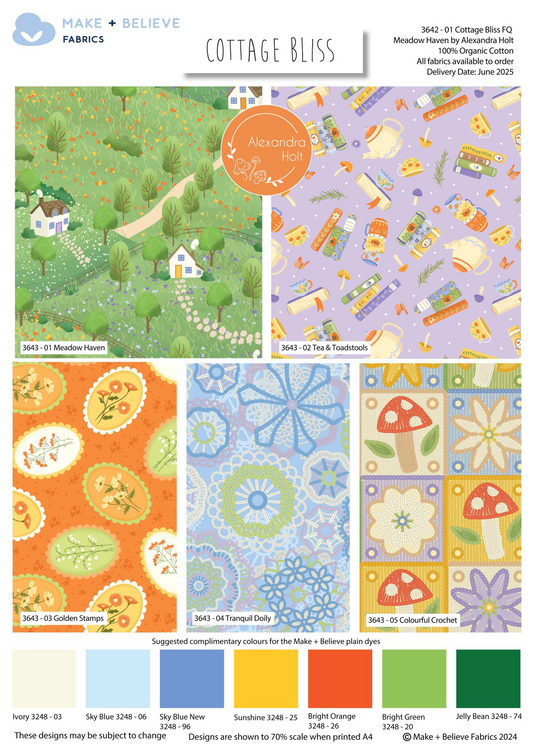 Cottage Bliss fabric collection with various patterns and colors.