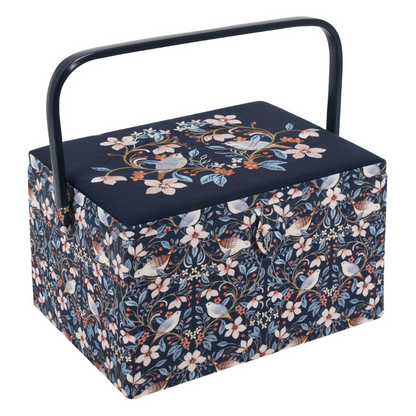 Large Embroidered Blossom Birds Sewing Box with Twin Lid, closed, showing floral embroidery and handles