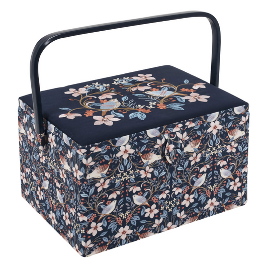 Large Embroidered Blossom Birds Sewing Box with Twin Lid, closed, showing floral embroidery and handles